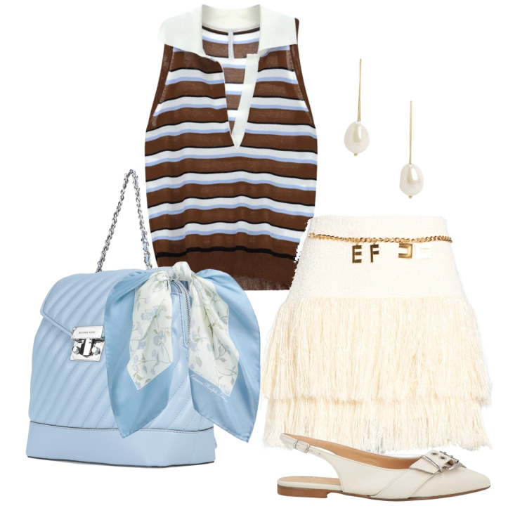 Outfit donna - Giugno. Stile Bon Ton per Tutti i giorni. Abbinamento con zaini, minigonne, ballerine, top, orecchini, foulard.