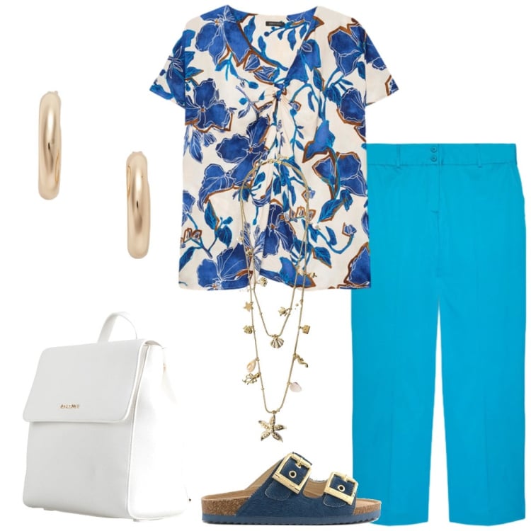 Outfit donna - Total look #2415389. Stile Casual chic per Tutti i giorni. Abbinamento con zaini, collane, bluse, pantaloni, orecchini, sandali in pelle.