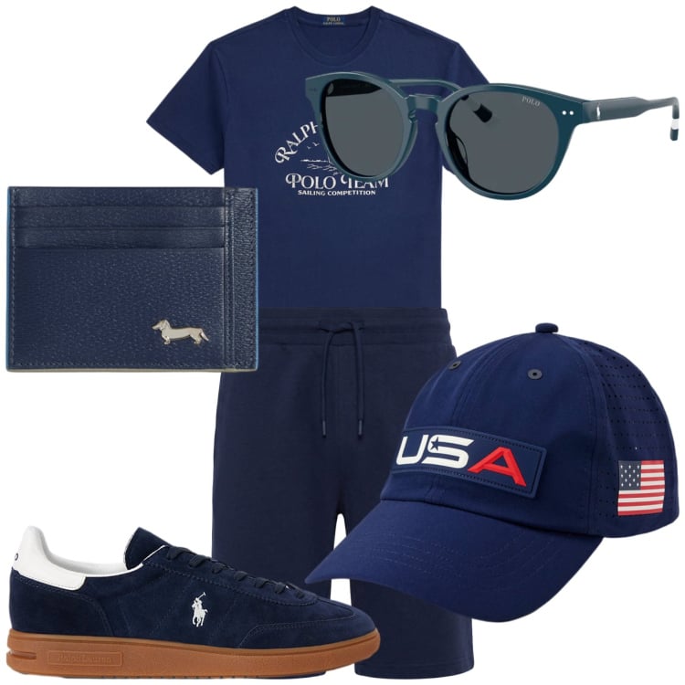 Outfit uomo - Marines estivo. Stile Casual Abbinamento con portafogli, pantaloni corti, sneakers, t-shirt, cappelli con visiera, occhiali da sole.