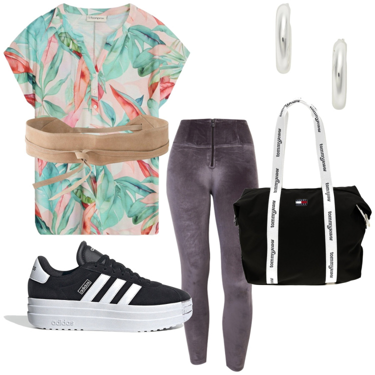 Outfit donna - Total look #2415392. Stile Sporty chic per Tutti i giorni. Abbinamento con t-shirt, cinture, pantaloni skinny, orecchini, sneakers, shopping bag.