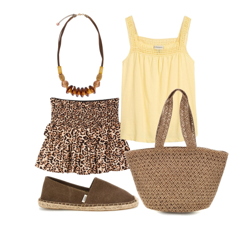Outfit donna - Giugno. Stile Trendy per Tutti i giorni. Abbinamento con canottiere, minigonne, collane, espadrillas, borse a spalla.