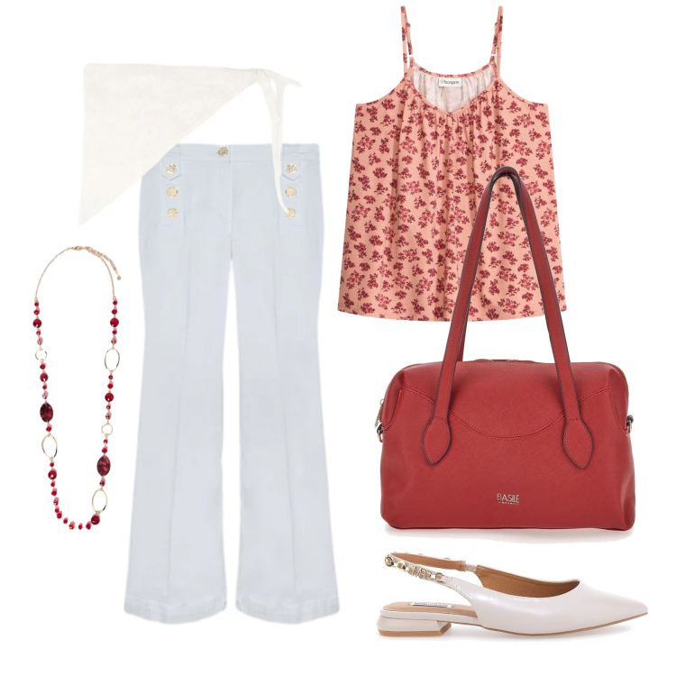 Outfit donna - Giugno. Stile Trendy per Tutti i giorni. Abbinamento con canottiere, foulard, collane, jeans, ballerine, borse a spalla.