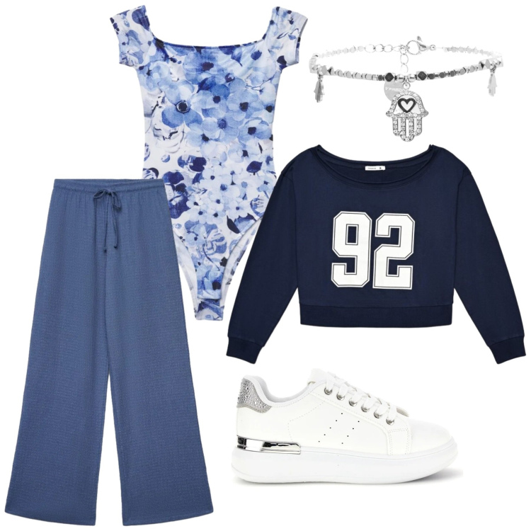 Outfit donna - Total look #2415395. Stile Sporty chic per Sport. Abbinamento con top, felpe, pantaloni, braccialetti, sneakers.