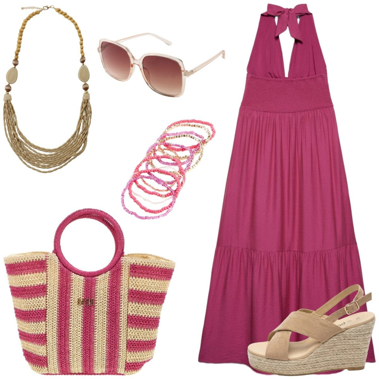 Outfit donna - Total look #2415397. Stile Boho per Tutti i giorni. Abbinamento con sandali col tacco, occhiali da sole, braccialetti, vestiti lunghi, collane, borse a mano.