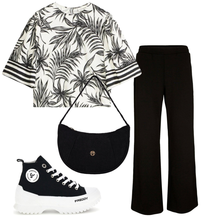 Outfit donna - Total look #2415399. Stile Basic per Tutti i giorni. Abbinamento con pantaloni a palazzo, camicie a manica corta, borse a mano, sneakers alte.
