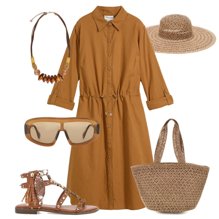 Outfit donna - Chemisier in lino. Stile Trendy per Tutti i giorni. Abbinamento con vestiti chemisier, occhiali da sole, collane, borse a spalla, sandali, cappelli.