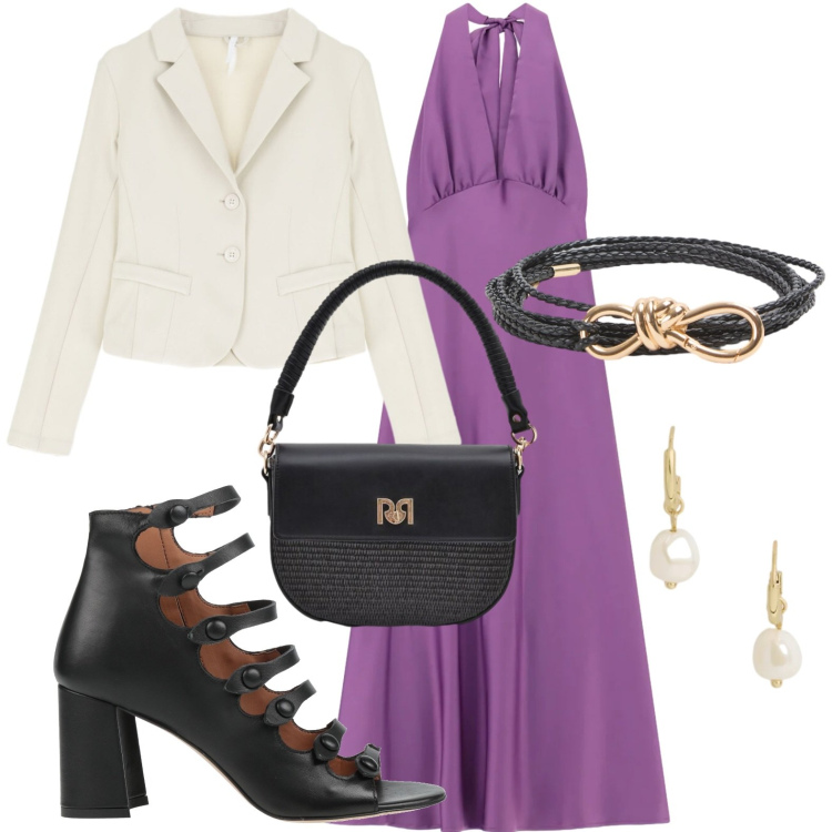 Outfit donna - Purple style. Stile Chic per Serata fuori. Abbinamento con stivaletti, cinture, borse a spalla, blazer, vestiti lunghi, orecchini.