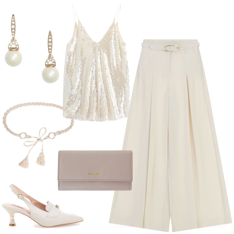 Outfit donna - 1930s style white. Stile Glamour per Cerimonia. Abbinamento con pantaloni a palazzo, portafogli, vestiti corti, cinture, orecchini, décolleté.