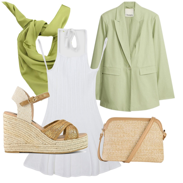Outfit donna - Elementi pistacchio. Stile Chic per Serata fuori. Abbinamento con borse a tracolla, blazer, vestiti, foulard, zeppe.