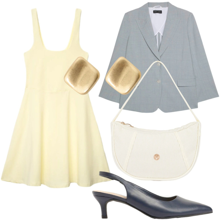 Outfit donna - Romantica urban. Stile Chic per Ufficio. Abbinamento con décolleté, vestiti corti, orecchini, borse a mano, blazer.