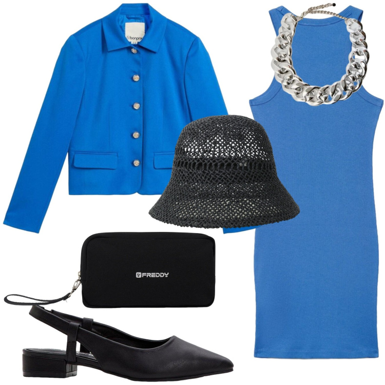 Outfit donna - Classico e modernità. Stile Casual per Serata fuori. Abbinamento con décolleté, blazer, vestiti senza maniche, cappelli, valigie, collane.