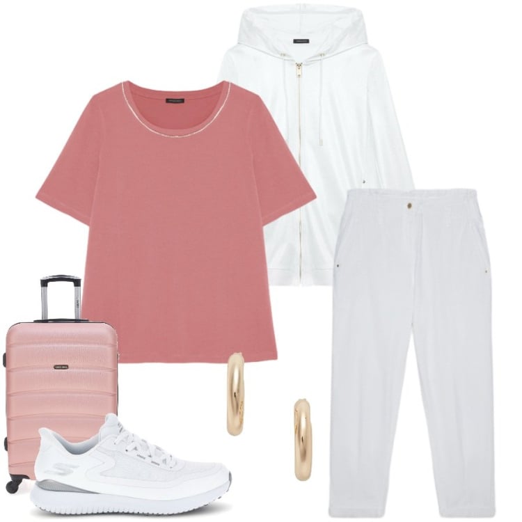 Outfit donna - Total look #2415411. Stile Casual chic per Tutti i giorni. Abbinamento con t-shirt, pantaloni, felpe con cappuccio, orecchini, sneakers, valigie.