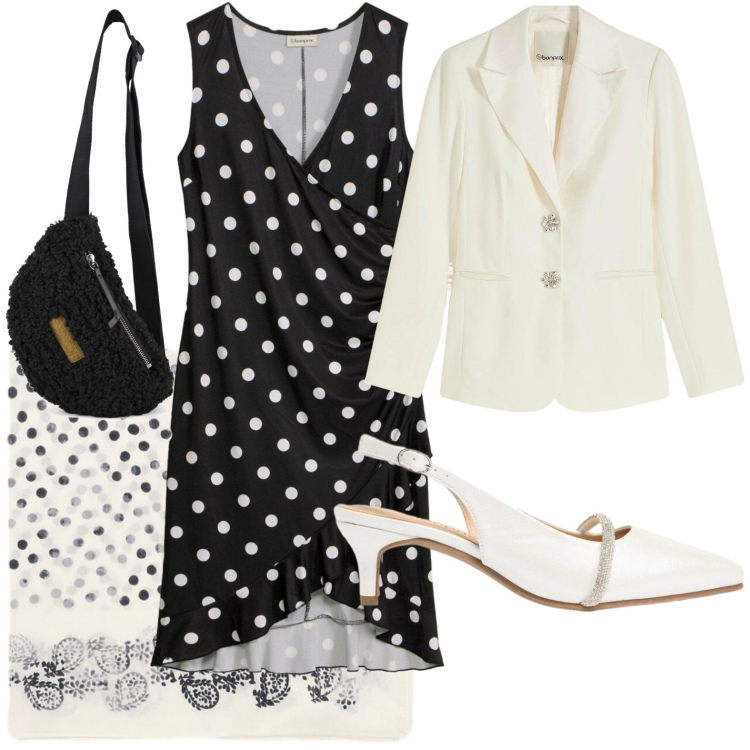 Outfit donna - Fascino intramontabile. Stile Chic per Serata fuori. Abbinamento con vestiti, décolleté, blazer, foulard, marsupi.