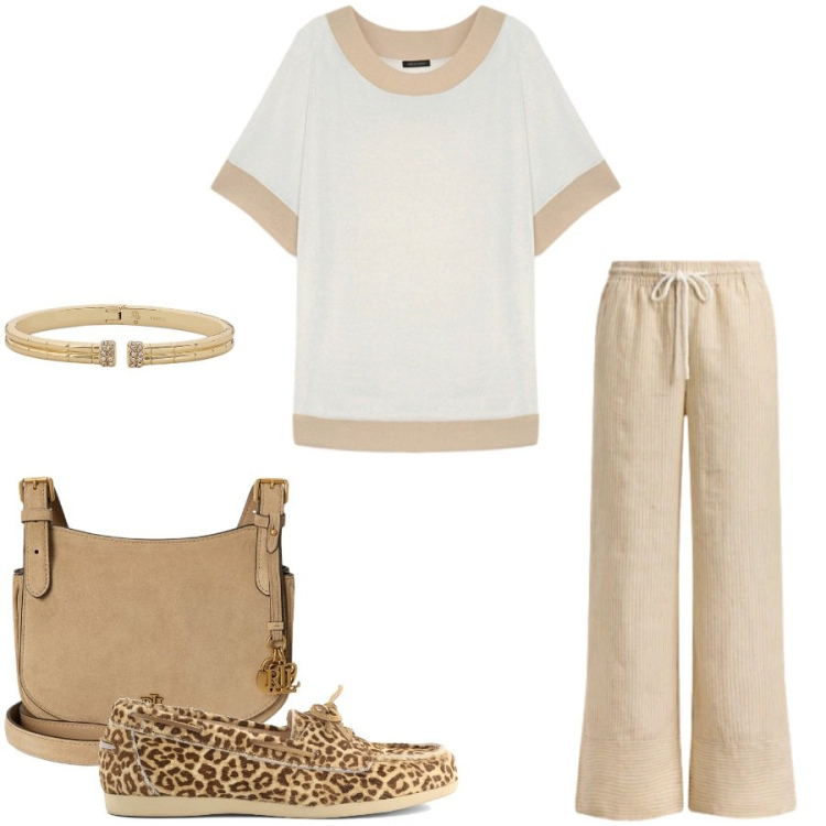 Outfit donna - Total look #2415413. Stile Casual chic per Ufficio. Abbinamento con t-shirt, borse a tracolla, braccialetti, pantaloni, mocassini.