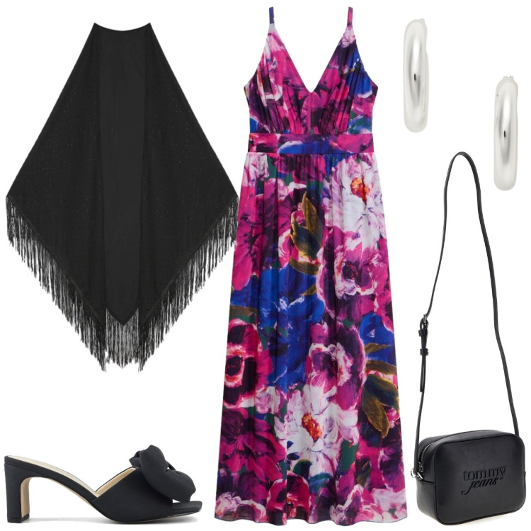 Outfit donna - Total look #2415414. Stile Chic per Serata fuori. Abbinamento con vestiti, foulard, orecchini, sandali col tacco, borse a tracolla.