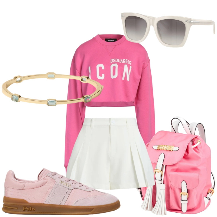 Outfit donna - Sport a scuola. Stile Chic per Scuola/Università. Abbinamento con zaini, felpe, minigonne, sneakers, braccialetti, occhiali da sole.