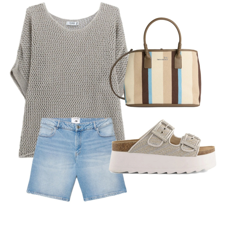 Outfit donna - In compagnia delle amiche. Stile Casual per Tutti i giorni. Abbinamento con shorts, shopping bag, top, zeppe.