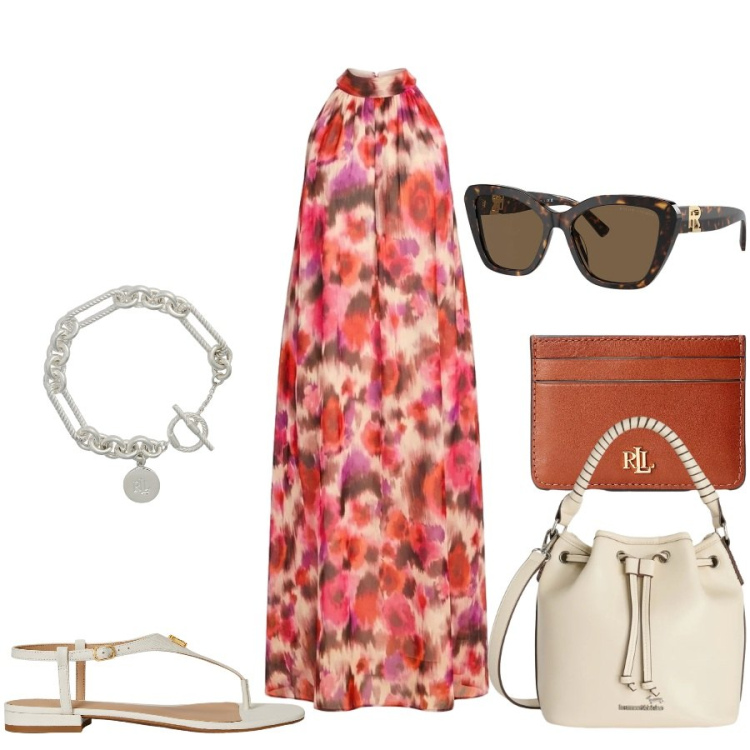 Outfit donna - Total look #2415417. Stile Casual chic per Tutti i giorni. Abbinamento con borse a secchiello, vestiti lunghi, occhiali da sole, braccialetti, sandali in pelle, portafogli.