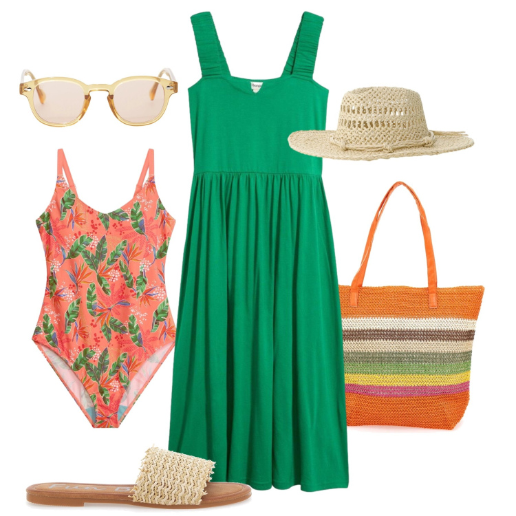 Outfit donna - Prima spiaggia colorata. Stile Casual per Mare. Abbinamento con costumi interi, vestiti, occhiali da sole, cappelli, ciabatte, shopping bag.
