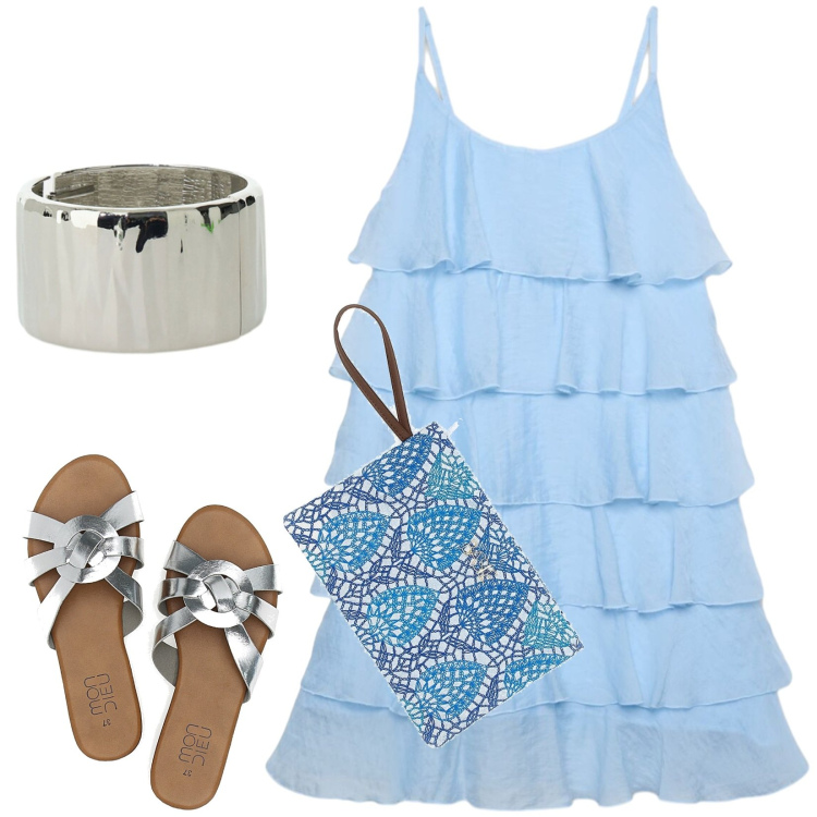 Outfit donna - In vacanza. Stile Glamour per Serata fuori. Abbinamento con vestiti corti, braccialetti, pochette, ciabatte.