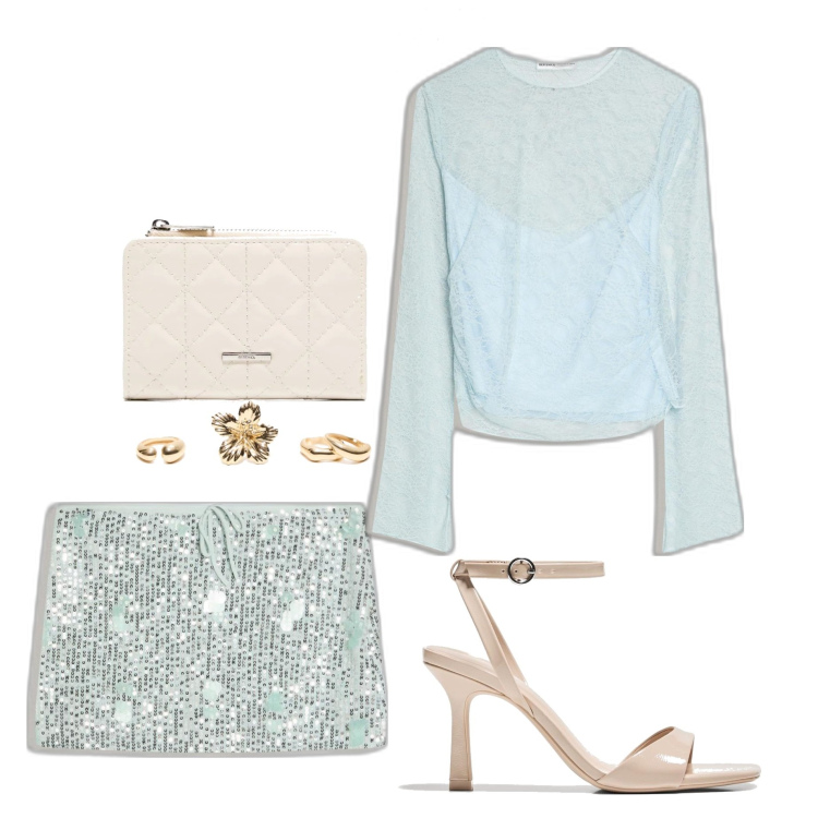 Outfit mujer - Glamour #3032. Estilo Glamour para Noche/Fiesta elegante. Combinación con sandalias de tacón, anillos, camiseta, monederos, faldas.
