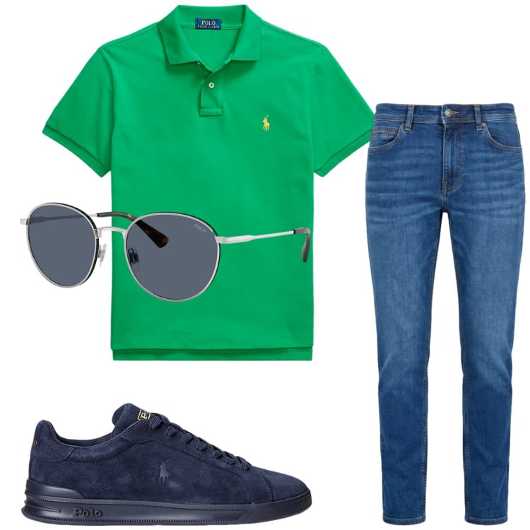 Outfit uomo - Total look #2415424. Stile Casual per Tutti i giorni. Abbinamento con jeans, sneakers, polo, occhiali da sole.