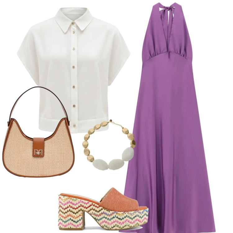 Outfit donna - City sun. Stile Trendy per Tutti i giorni. Abbinamento con camicie a manica corta, borse a spalla, vestiti lunghi, collane, sandali.
