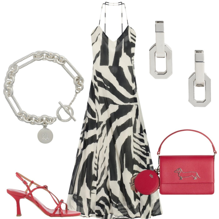 Outfit donna - Total look #2415428. Stile Chic per Serata fuori. Abbinamento con sandali in pelle, vestiti lunghi, borse a tracolla, braccialetti, orecchini.