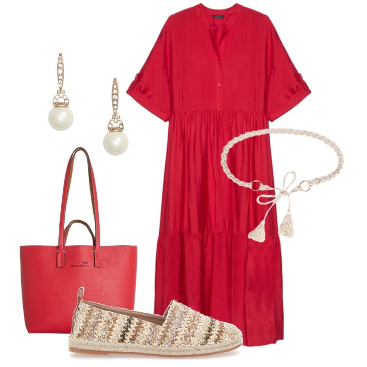 Outfit donna - L’energia del rosso. Stile Boho per Tutti i giorni. Abbinamento con shopping bag, vestiti lunghi, cinture, orecchini, espadrillas.