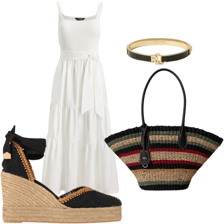 Outfit donna - Il fascino di uno stile senza tempo. Stile 70s per Mare. Abbinamento con espadrillas, braccialetti, borse tote, vestiti.
