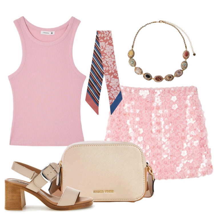 Outfit donna - Giorno e sera. Stile Bon Ton per Tutti i giorni. Abbinamento con borse a tracolla, minigonne, canottiere, collane, foulard, sandali col tacco.