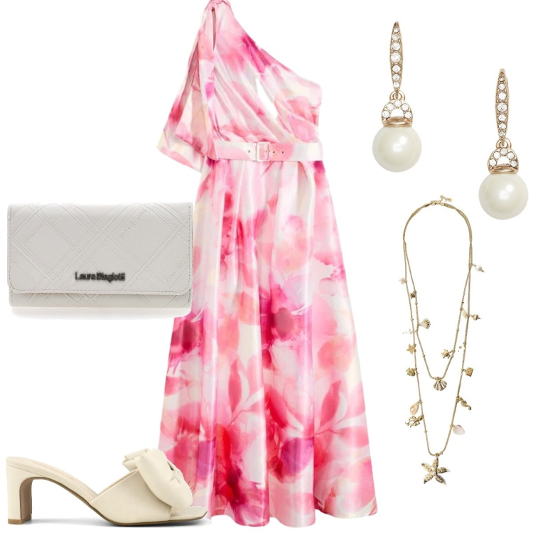 Outfit donna - Total look #2415435. Stile Chic per Cerimonia. Abbinamento con vestiti asimmetrici, collane, orecchini, sandali col tacco, portafogli.
