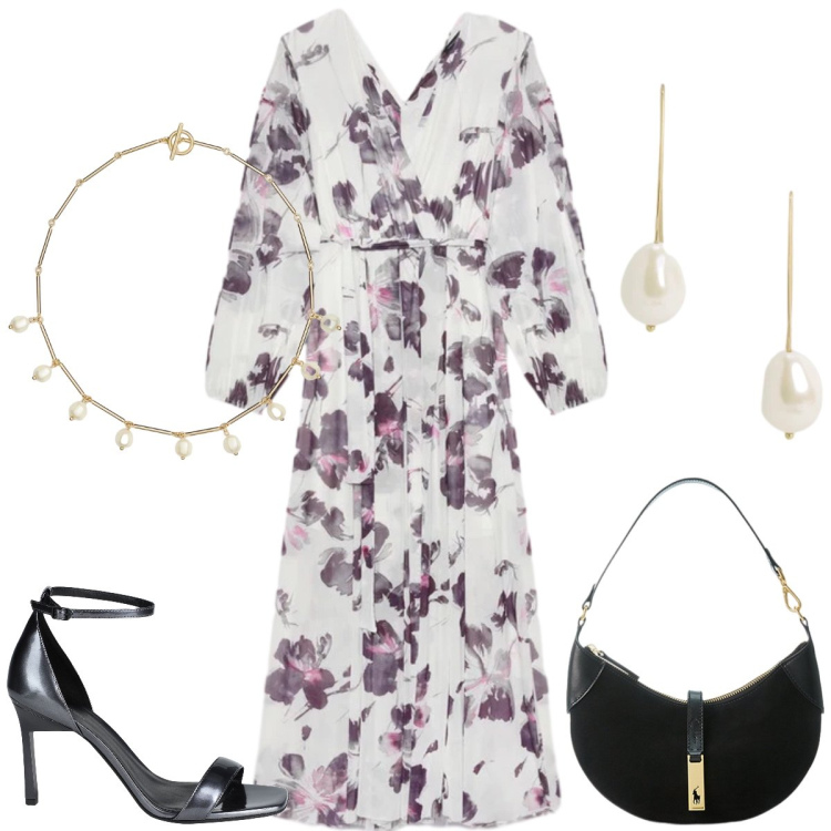 Outfit donna - Total look #2415438. Stile Romantica per Serata fuori. Abbinamento con sandali in pelle, vestiti lunghi, borse a spalla, orecchini, collane.