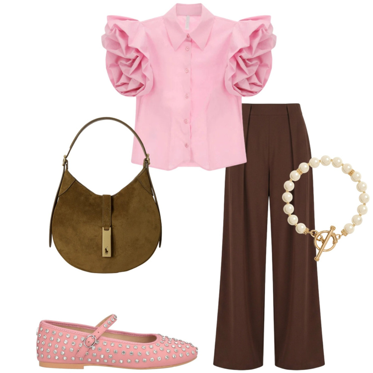 Outfit donna - Colori d\'estate. Stile Casual chic per Serata fuori. Abbinamento con ballerine, pantaloni a palazzo, camicie a manica corta, borse a spalla, collane.