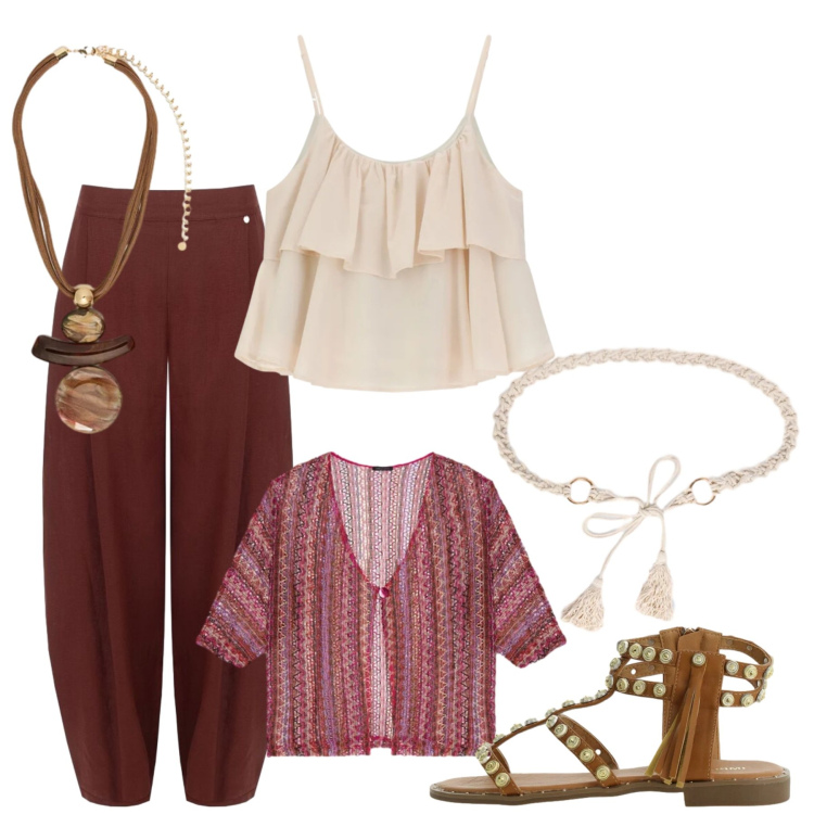 Outfit donna - Tribal lino. Stile Etnico per Tutti i giorni. Abbinamento con pantaloni, sandali, top, kimono, ciondoli, cinture.
