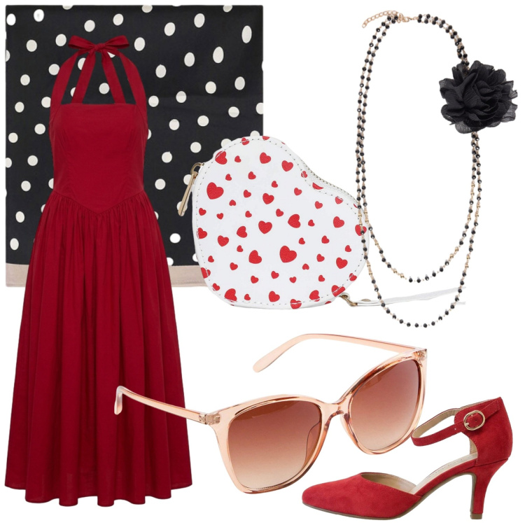 Outfit donna - Red passion. Stile Bon Ton per Serata fuori. Abbinamento con occhiali da sole, décolleté, vestiti lunghi, portafogli, foulard, collane.