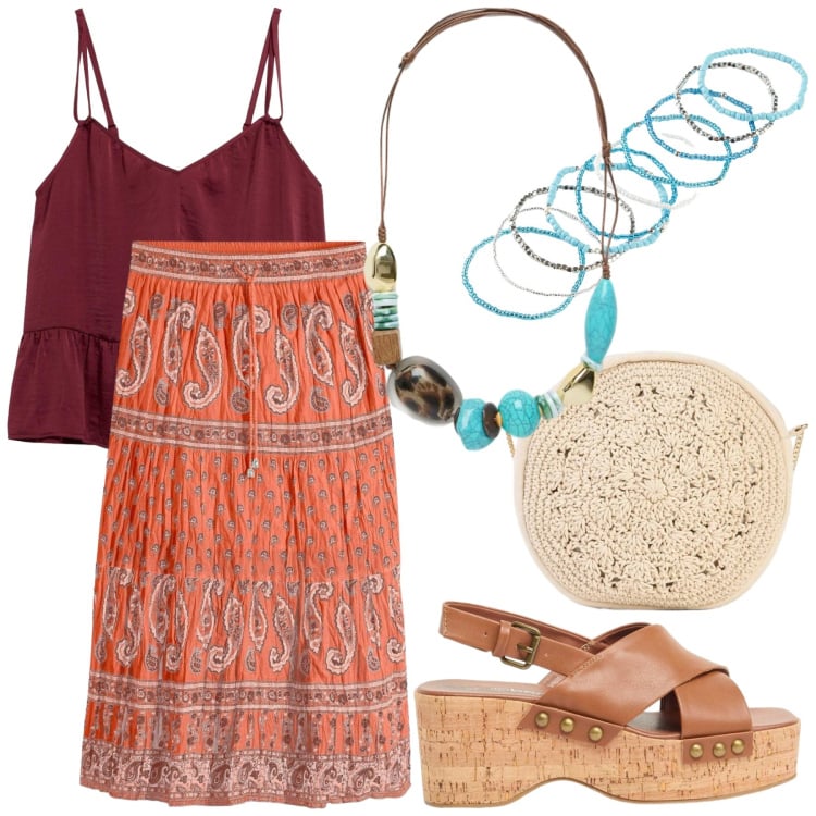 Outfit donna - Hippy anni 70. Stile Vintage retrò per Tutti i giorni. Abbinamento con top, braccialetti, borse a tracolla, zeppe, gonne lunghe, collane.