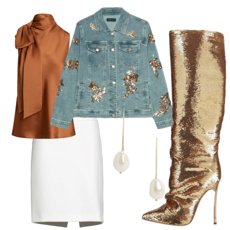 Outfit donna - Stivali oro. Stile Glamour per Serata fuori. Abbinamento con stivali, minigonne, blazer, bluse, orecchini.