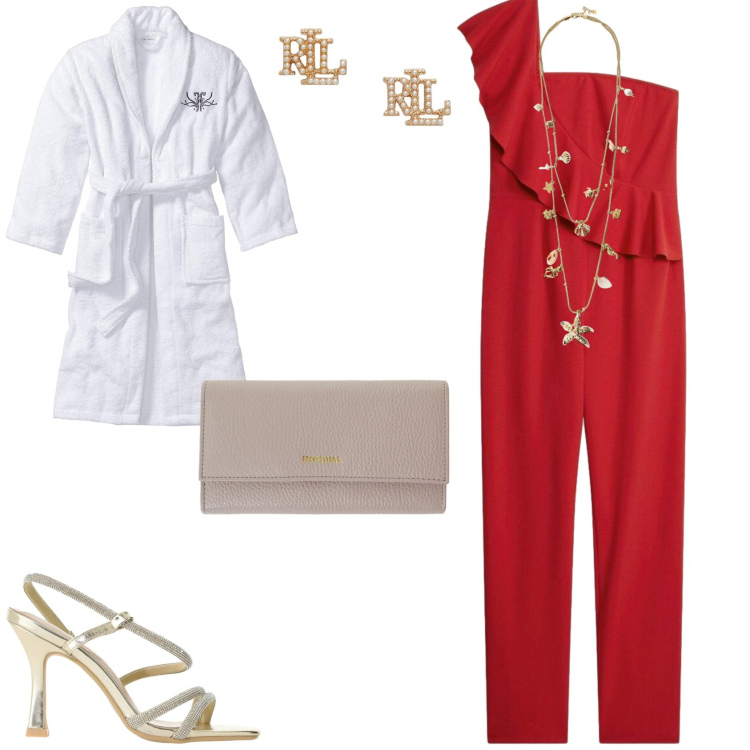 Outfit donna - La tuta elegante monospalla. Stile Glamour per Cerimonia. Abbinamento con tute, accappatoi, portafogli, sandali col tacco, collane, orecchini.