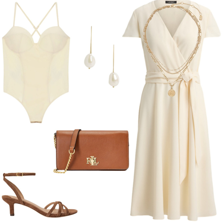 Outfit donna - Bon Ton in estate. Stile Bon Ton per Serata fuori. Abbinamento con body, vestiti chemisier, borse a mano, ciondoli, sandali col tacco, orecchini.