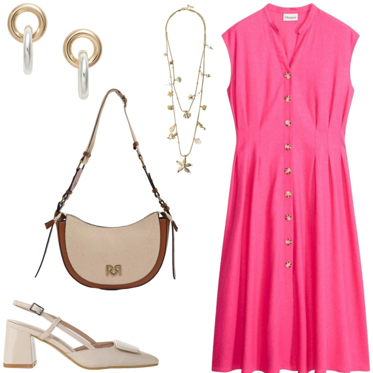 Outfit donna - Fucsia per l\'estate. Stile Basic per Tutti i giorni. Abbinamento con vestiti chemisier, borse a tracolla, décolleté, collane, orecchini.