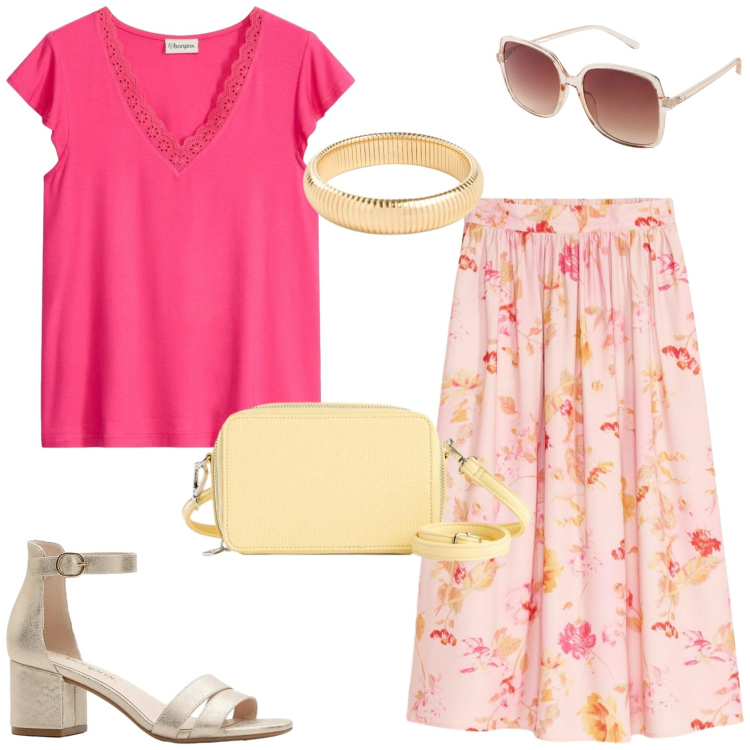 Outfit donna - Basico e femminile. Stile Basic per Tutti i giorni. Abbinamento con occhiali da sole, gonne lunghe, sandali col tacco, borse a tracolla, braccialetti, t-shirt.