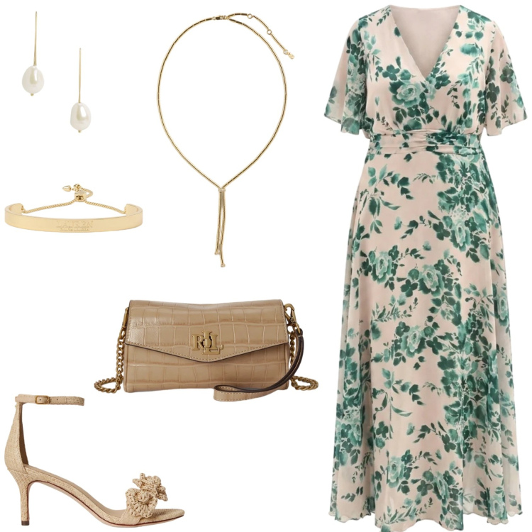 Outfit donna - L\'abito lungo protagonista. Stile Glamour per Cerimonia. Abbinamento con vestiti lunghi, sandali in pelle, orecchini, collane, portafogli, braccialetti.