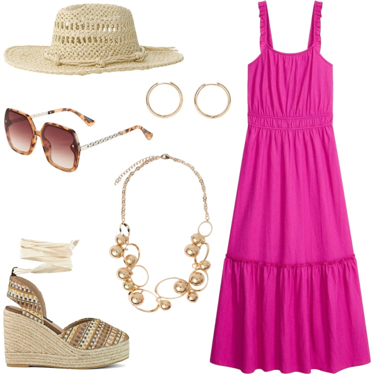 Outfit donna - L\'abito fluido sotto il sole. Stile Basic per Tutti i giorni. Abbinamento con occhiali da sole, orecchini, vestiti lunghi, cappelli, collane, zeppe.