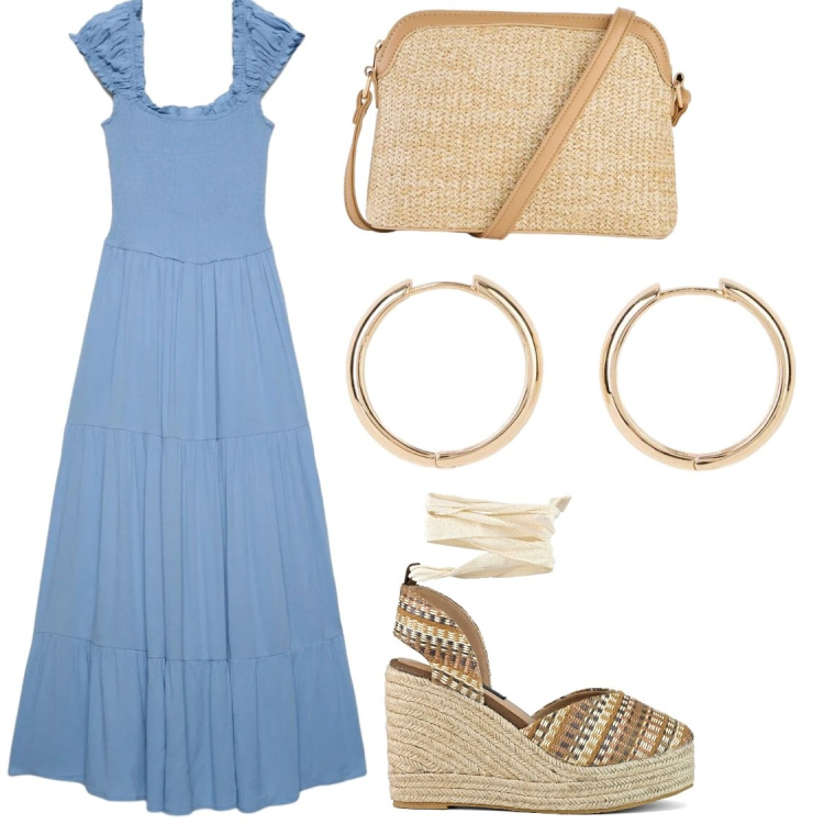 Outfit donna - Contrasti delicati. Stile Chic per Serata fuori. Abbinamento con orecchini, borse a tracolla, vestiti lunghi, zeppe.