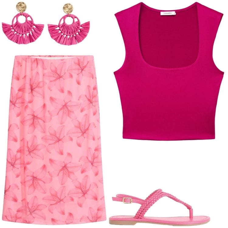 Outfit donna - Fuxia e rosa. Stile Chic per Serata fuori. Abbinamento con orecchini, sandali, gonne longuette, top.