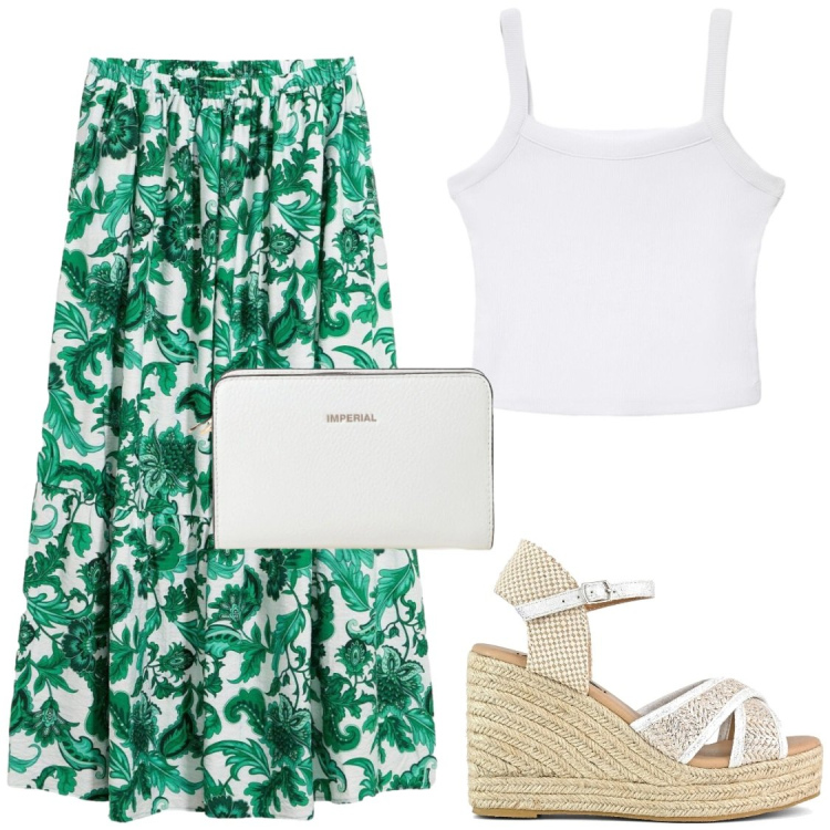 Outfit donna - Verde bottiglia. Stile Chic per Tutti i giorni. Abbinamento con gonne lunghe, canottiere, borse a tracolla, zeppe.
