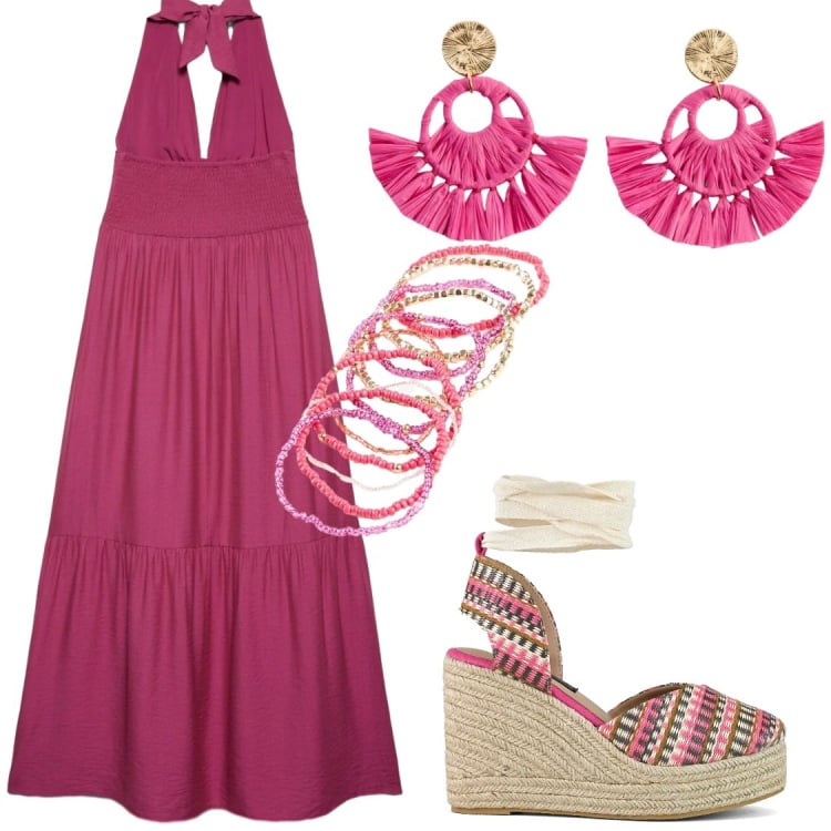 Outfit donna - Evviva i colori. Stile Chic per Serata fuori. Abbinamento con orecchini, braccialetti, vestiti lunghi, zeppe.