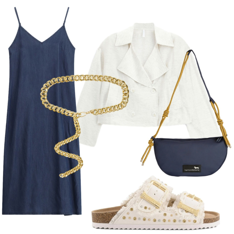 Outfit donna - Prime sere d’estate. Stile Minimal per Serata fuori. Abbinamento con blazer, borse a tracolla, vestiti midi/longuette, cinture, sandali.