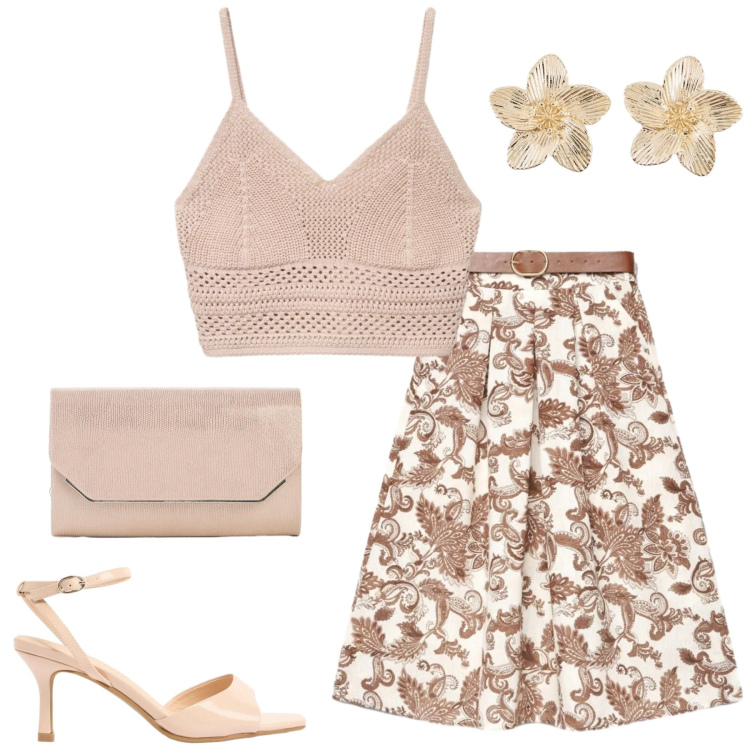 Outfit donna - Chic d\'Estate. Stile Chic per Serata fuori. Abbinamento con sandali col tacco, orecchini, pochette, gonne lunghe, top.